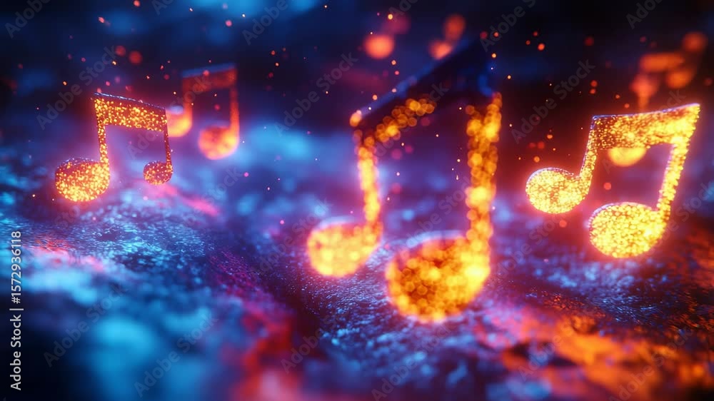 Glowing golden musical notes with sparkling particles floating over a dark, reflective landscape. Music, sound, energy, party. Ideal for festival visuals and concert backgrounds.