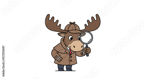 Cute cartoon moose detective inspecting with magnifying glass and sherlock holmes hat