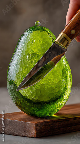 Wallpaper Mural Glossy Green Avocado Slices on Wooden Cutting Board - Artistic Vegetarian Ingredient for Modern Culinary Presentation Torontodigital.ca