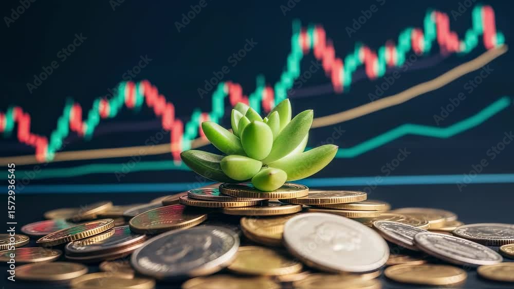 Small green succulent plant grows on a pile of coins in front of a blurred candlestick chart, representing successful investments, financial growth, and long term prosperity