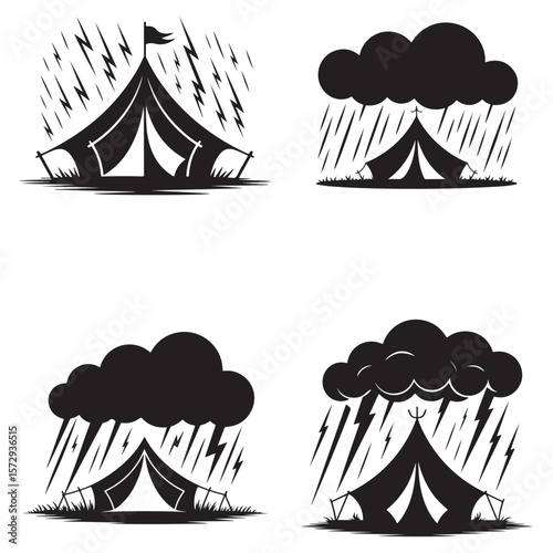 Minimalist Black Tent Silhouette Vector on White Background – Outdoor Camping Design for Adventure Projects with Dome, Ridge, A-Frame, and Tunnel Tent Styles. Thank You . 