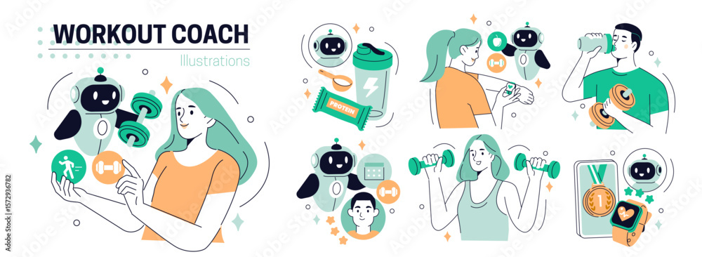 Fototapeta premium AI in fitness. Robot personal trainer, coach. Characters use artificial intelligence technology tools to create gym training plan, cardio workout, protein diet. Vector illustration.