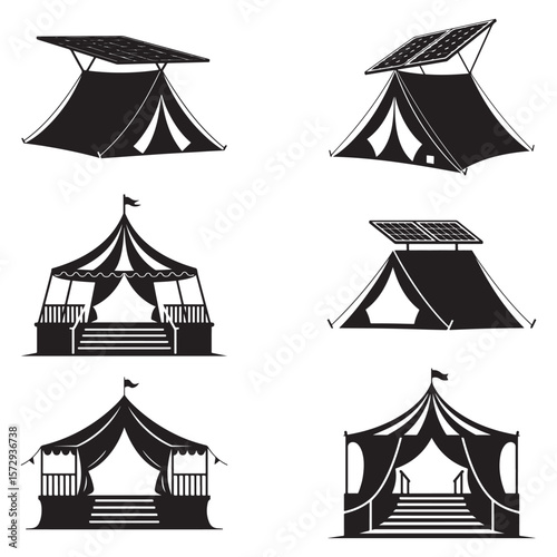 Minimalist Black Tent Silhouette Vector on White Background – Outdoor Camping Design for Adventure Projects with Dome, Ridge, A-Frame, and Tunnel Tent Styles. Thank You . 