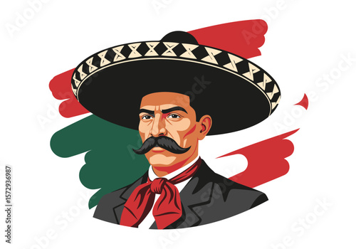 Stylized vector portrait of Mexican revolutionary hero Emiliano Zapata.
