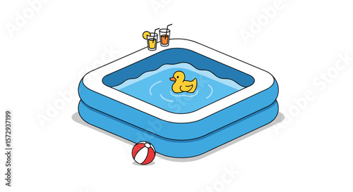 Summer fun inflatable pool with rubber duck and drinks for outdoor enjoyment