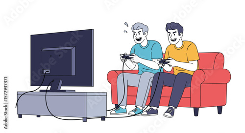Two friends playing video games on a couch enjoying their leisure time together