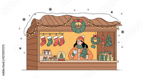 Charming winter holiday market scene with festive decorations and cheerful vendor presenting christmas tree
