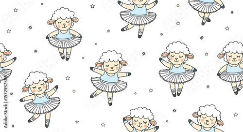 Adorable cartoon lambs performing ballet dances in tutus and pointe shoes with sparkles