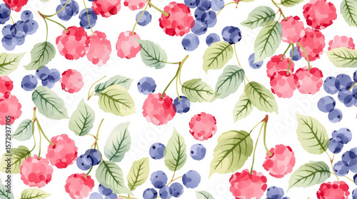 Fresh berry watercolor pattern with strawberries blueberries on white background