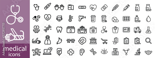 Medical Line Icon Set contains Stethoscope, Ambulance, Nurse, Doctor, Syringe, Serum, First Aid Kit and so on icons.