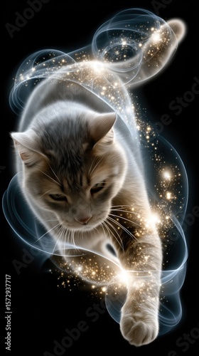 A cat composed of shimmering stars moves gracefully across a dark night sky filled with ethereal light trails and cosmic energy