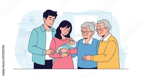 A loving family gathering celebrating a newborn baby together with grandparents