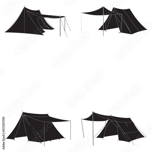 Minimalist Black Tent Silhouette Vector on White Background – Outdoor Camping Design for Adventure Projects with Dome, Ridge, A-Frame, and Tunnel Tent Styles. Thank You . 