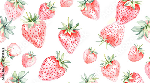 Watercolor pattern with ripe strawberries on a white background