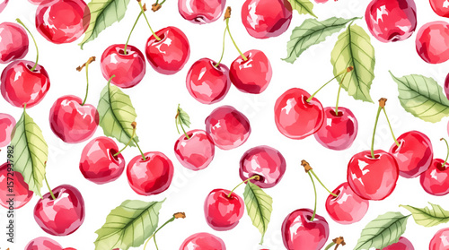 Watercolor red cherries on white background seamless vector pattern