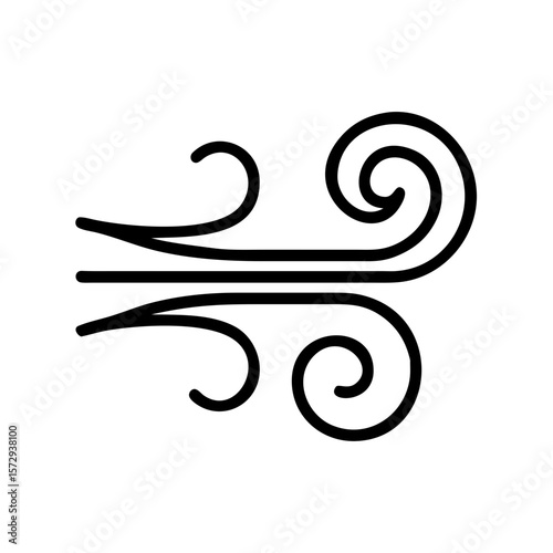 Minimalist black outline vector icon of a wind swirl, symbolizing air movement, breeze, and natural forces. Isolated on a transparent background