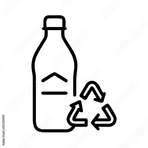 Minimalist black outline vector icon of a plastic bottle with a recycling symbol next to it, representing environmental awareness, recycling, and sustainability. Isolated on a transparent background