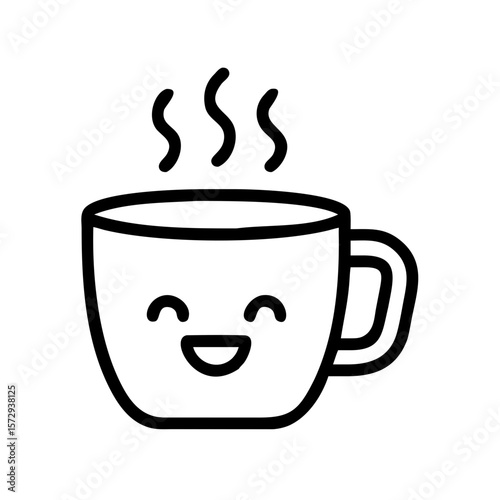 Minimalist black outline vector icon of a coffee cup with a smiling face, emoji style, symbolizing happiness, warmth, and cozy moments. Isolated on a transparent background