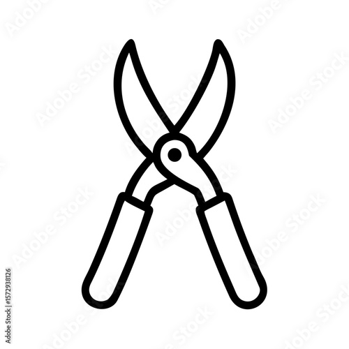 Minimalist black outline vector icon of pruning scissors, symbolizing gardening, plant care, and trimming. Isolated on a transparent background