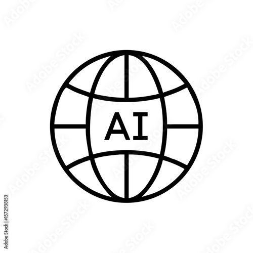 Minimalist black outline vector icon of a globe with the letters "AI" inscribed within the continents, symbolizing global artificial intelligence, technology, and innovation