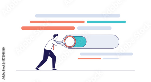 Business professional activating a digital switch interface showing progress and data flow