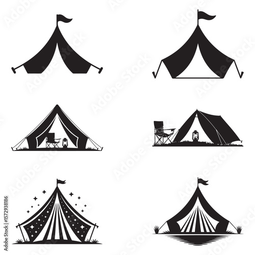 Minimalist Black Tent Silhouette Vector on White Background – Outdoor Camping Design for Adventure Projects with Dome, Ridge, A-Frame, and Tunnel Tent Styles. Thank You . 