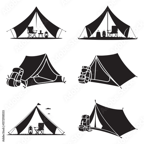Minimalist Black Tent Silhouette Vector on White Background – Outdoor Camping Design for Adventure Projects with Dome, Ridge, A-Frame, and Tunnel Tent Styles. Thank You . 