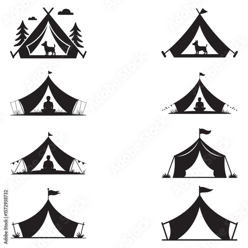 Minimalist Black Tent Silhouette Vector on White Background – Outdoor Camping Design for Adventure Projects with Dome, Ridge, A-Frame, and Tunnel Tent Styles. Thank You . 
