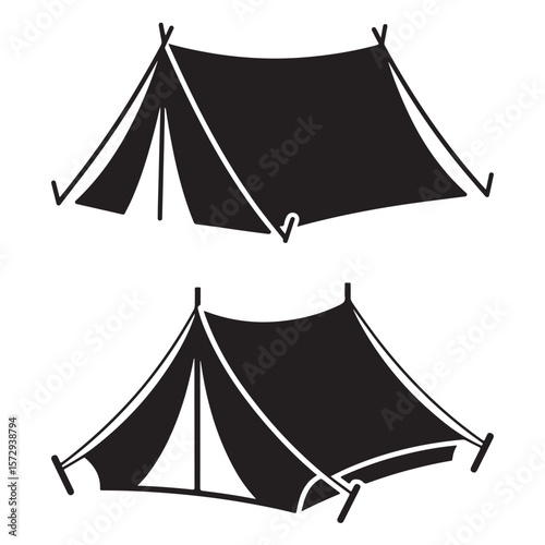 Minimalist Black Tent Silhouette Vector on White Background – Outdoor Camping Design for Adventure Projects with Dome, Ridge, A-Frame, and Tunnel Tent Styles. Thank You . 