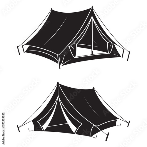 Minimalist Black Tent Silhouette Vector on White Background – Outdoor Camping Design for Adventure Projects with Dome, Ridge, A-Frame, and Tunnel Tent Styles. Thank You . 