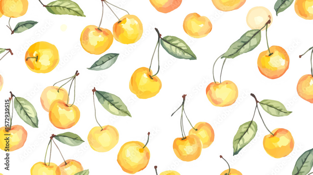 Obraz premium Seamless watercolor yellow cherries pattern design on clean white background