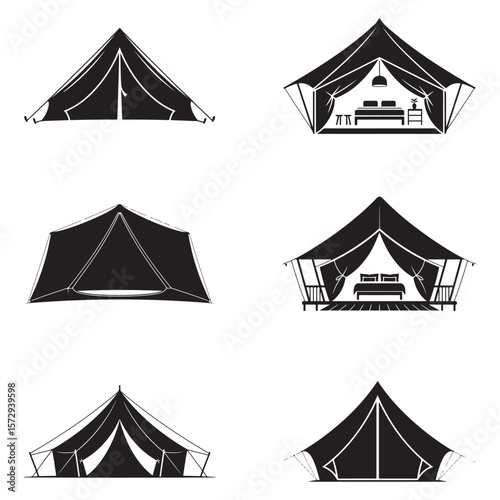 Minimalist Black Tent Silhouette Vector on White Background – Outdoor Camping Design for Adventure Projects with Dome, Ridge, A-Frame, and Tunnel Tent Styles. Thank You . 