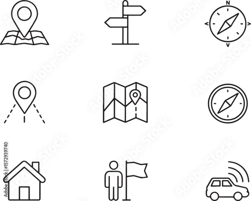 Navigation and Location Icons Featuring Maps, Compasses, Directional Signs, and Place Markers for Wayfinding and Geographic Awareness in a Modern Design