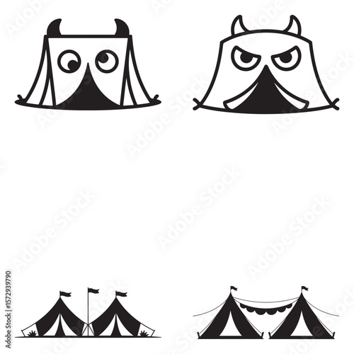Minimalist Black Tent Silhouette Vector on White Background – Outdoor Camping Design for Adventure Projects with Dome, Ridge, A-Frame, and Tunnel Tent Styles. Thank You . 