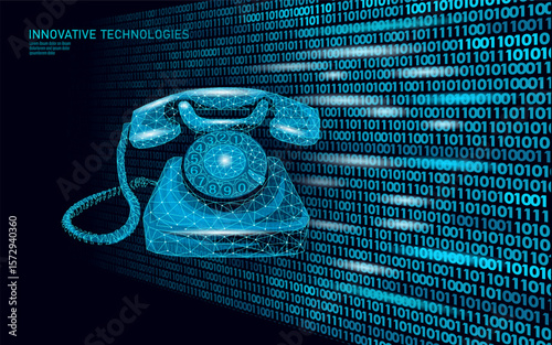 Old rotary phone. Vintage telephone device retro communication style. Marketing advertising technology history concept. Dark blue background low poly vector