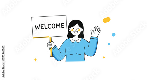 Friendly person waving holding a welcome sign with minimalist decorations