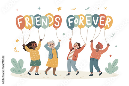 Diverse group of four friends joyfully holding balloons that spell out friends forever against a white background with decorative elements