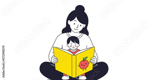 Mother and child reading together a book with joyful illustrations learning and bonding experience