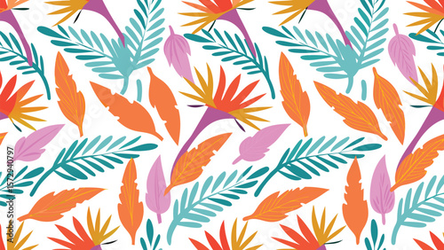 Seamless pattern featuring colorful tropical leaves and bird of paradise flowers on a white background