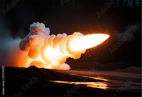Rocket launch at night with fire and smoke in the sky stock photography
