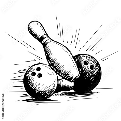 Strike and Spare: Artistic rendering of a bowling ball and pins, capturing the dynamics of the game.