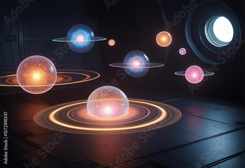 Explore futuristic planets with rings in space galaxy science fiction scene