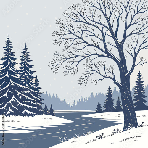 A snowy landscape with evergreen trees and a bare tree with river in a winter scene illustration