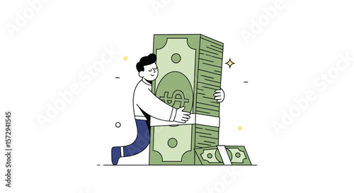 Man hugging tall stack of money and coins experiencing financial wealth and prosperity