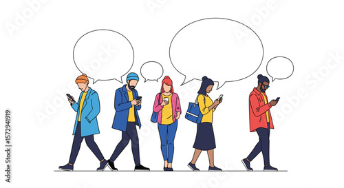Diverse group of young people communicating using smartphones and speech bubbles