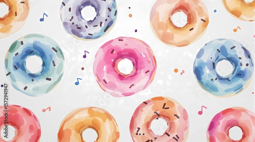Watercolor background pattern donuts on white background