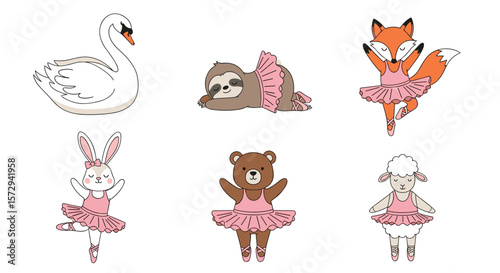 Adorable cute forest animals dancing ballet in tutus for kids and baby nursery decor