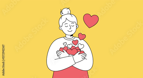 A woman embraces herself surrounded by floating hearts in a symbol of self love and inner peace