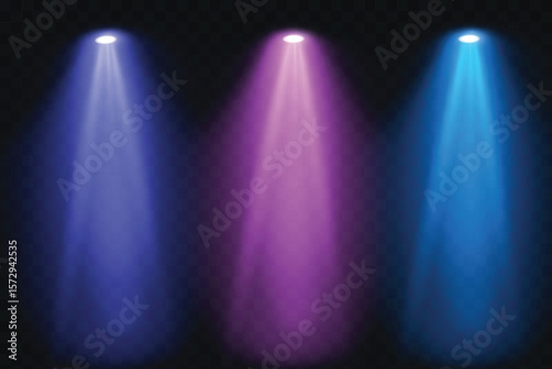 Stage spotlights with bright blue and purple beams on a transparent background. Suitable for shows, concerts, presentations and interfaces.