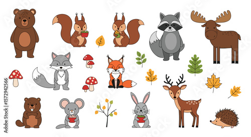 Charming pixel art woodland creatures and autumn foliage collection for childrens designs